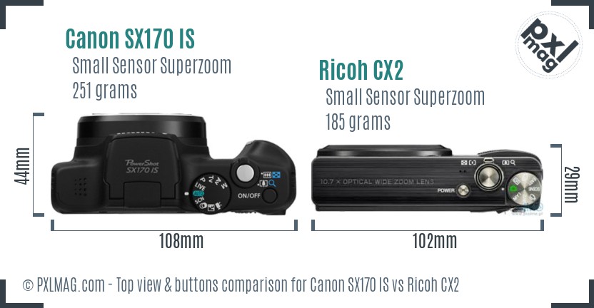 Canon SX170 IS vs Ricoh CX2 top view buttons comparison