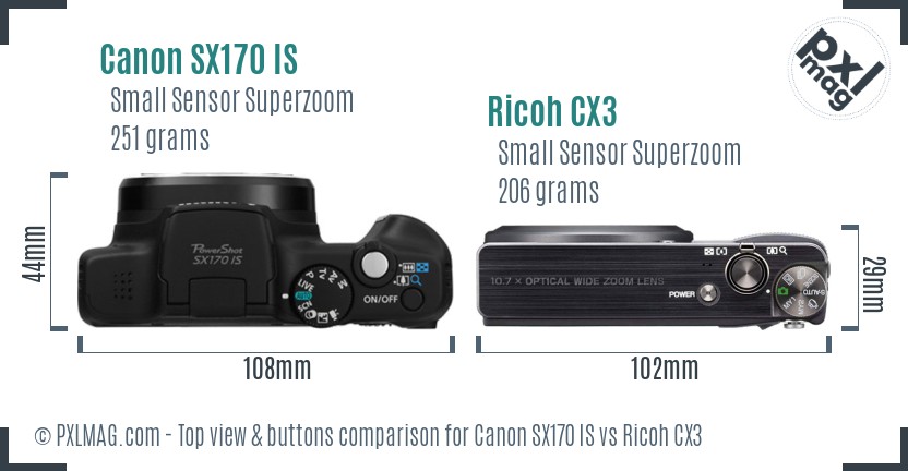 Canon SX170 IS vs Ricoh CX3 top view buttons comparison