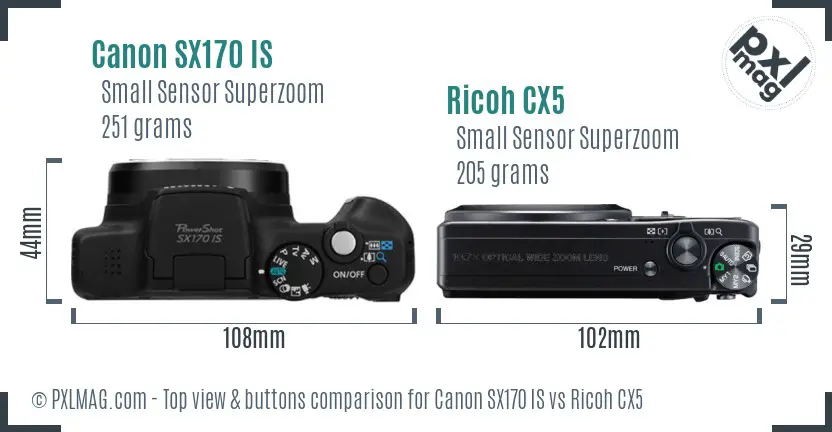 Canon SX170 IS vs Ricoh CX5 top view buttons comparison