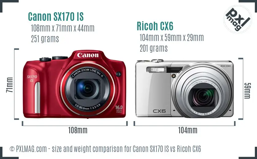 Canon SX170 IS vs Ricoh CX6 size comparison