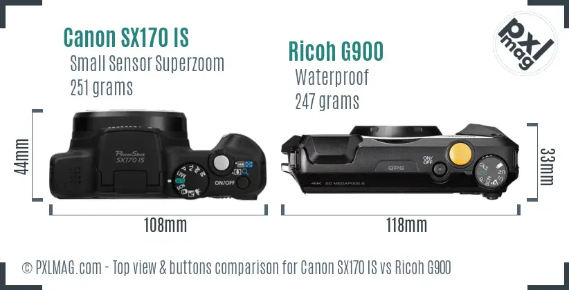 Canon SX170 IS vs Ricoh G900 top view buttons comparison