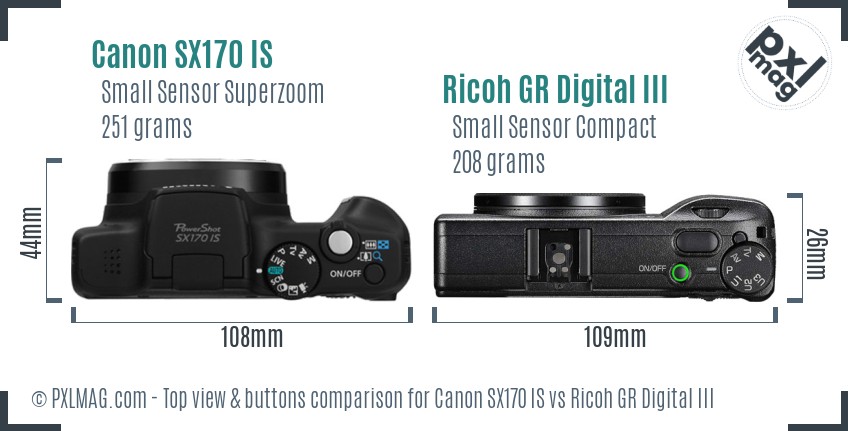Canon SX170 IS vs Ricoh GR Digital III top view buttons comparison