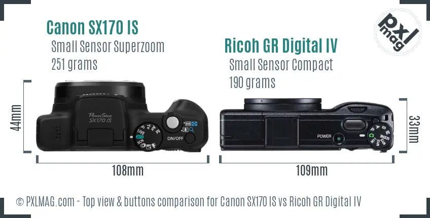 Canon SX170 IS vs Ricoh GR Digital IV top view buttons comparison