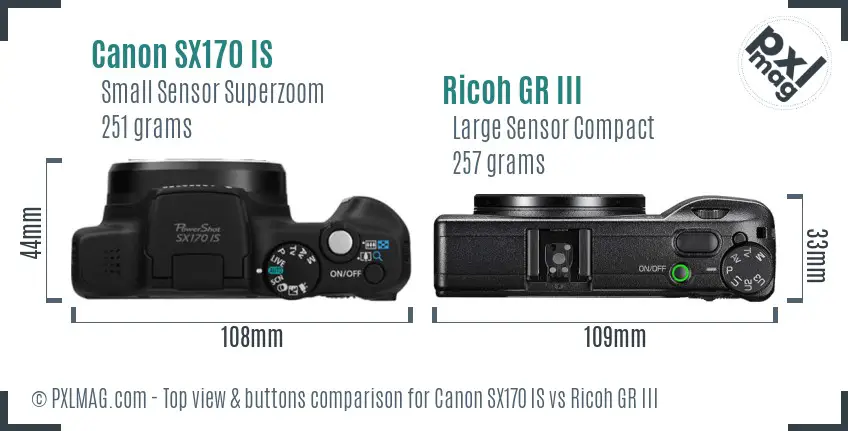 Canon SX170 IS vs Ricoh GR III top view buttons comparison