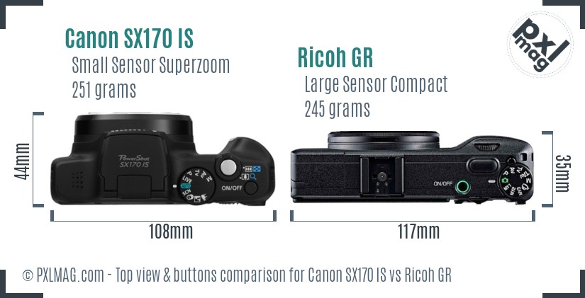 Canon SX170 IS vs Ricoh GR top view buttons comparison