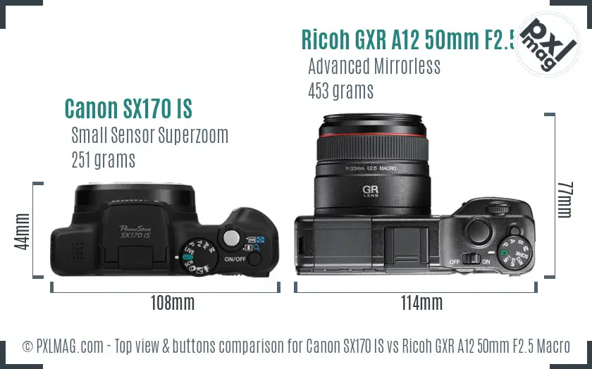 Canon SX170 IS vs Ricoh GXR A12 50mm F2.5 Macro top view buttons comparison