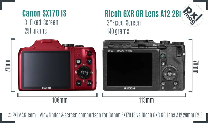 Canon SX170 IS vs Ricoh GXR GR Lens A12 28mm F2.5 Screen and Viewfinder comparison