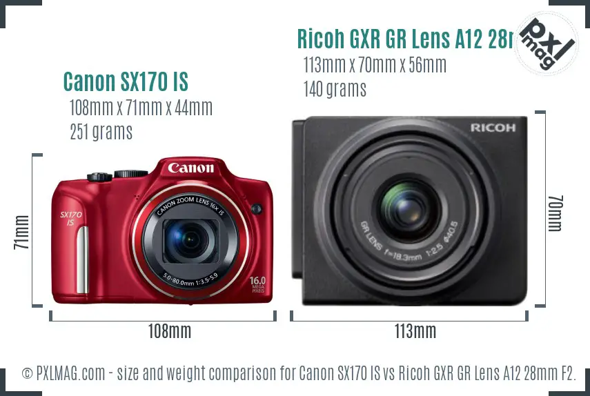 Canon SX170 IS vs Ricoh GXR GR Lens A12 28mm F2.5 size comparison