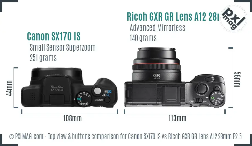 Canon SX170 IS vs Ricoh GXR GR Lens A12 28mm F2.5 top view buttons comparison