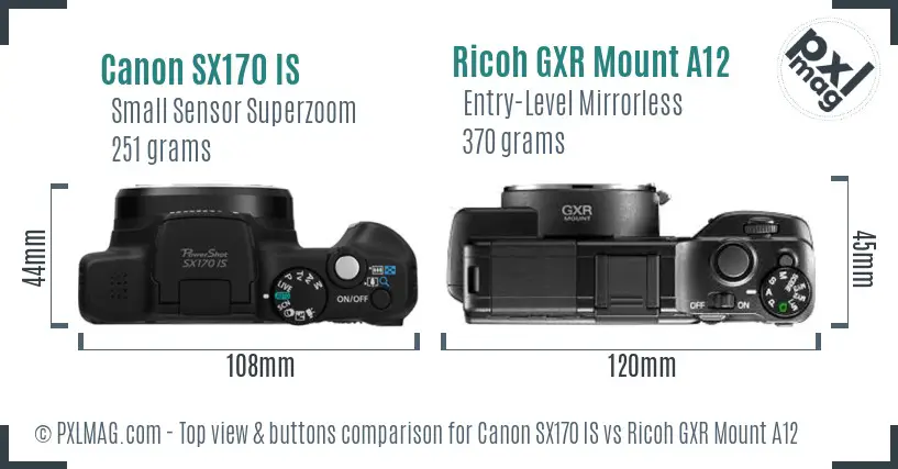 Canon SX170 IS vs Ricoh GXR Mount A12 top view buttons comparison