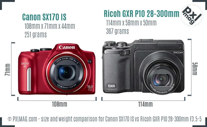 Canon SX170 IS vs Ricoh GXR P10 28-300mm F3.5-5.6 VC size comparison