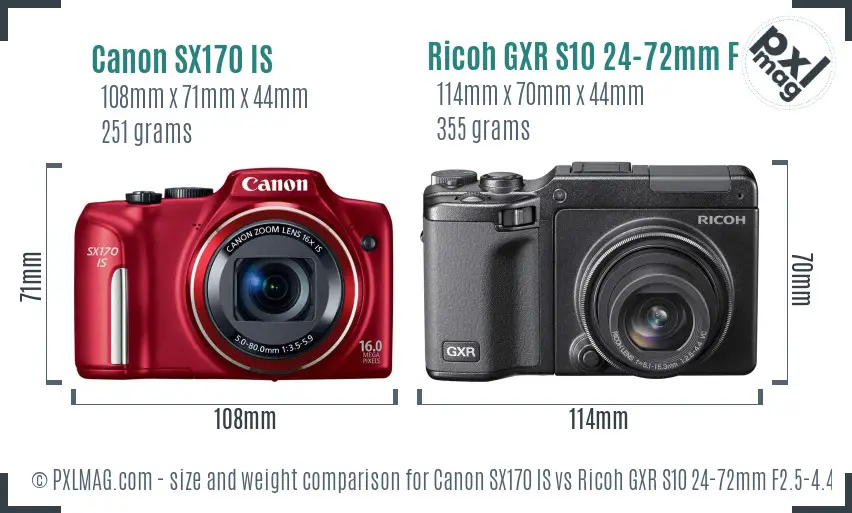 Canon SX170 IS vs Ricoh GXR S10 24-72mm F2.5-4.4 VC size comparison