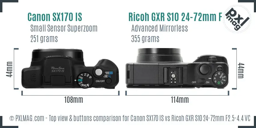Canon SX170 IS vs Ricoh GXR S10 24-72mm F2.5-4.4 VC top view buttons comparison