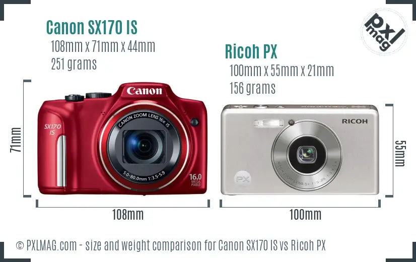 Canon SX170 IS vs Ricoh PX size comparison