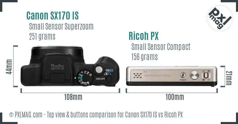 Canon SX170 IS vs Ricoh PX top view buttons comparison
