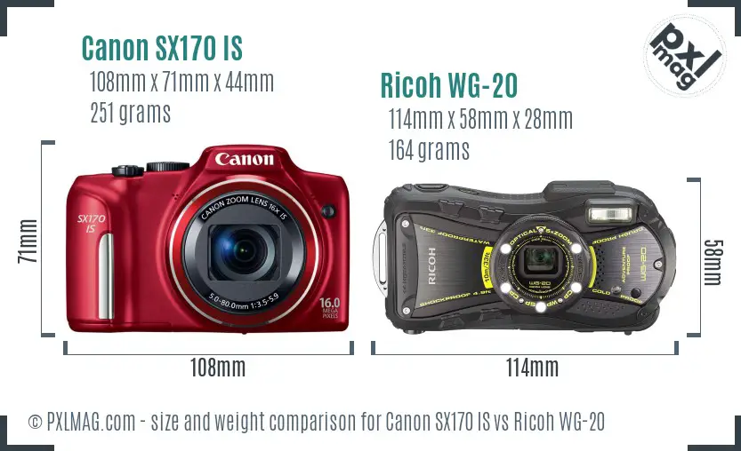 Canon SX170 IS vs Ricoh WG-20 size comparison