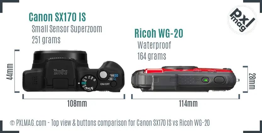 Canon SX170 IS vs Ricoh WG-20 top view buttons comparison
