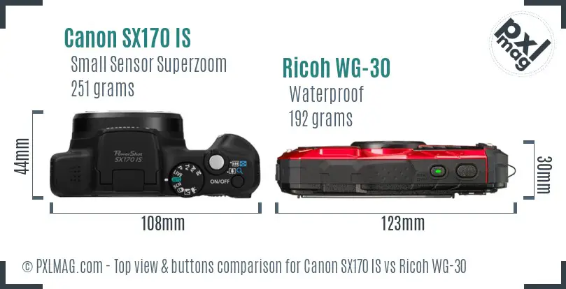 Canon SX170 IS vs Ricoh WG-30 top view buttons comparison