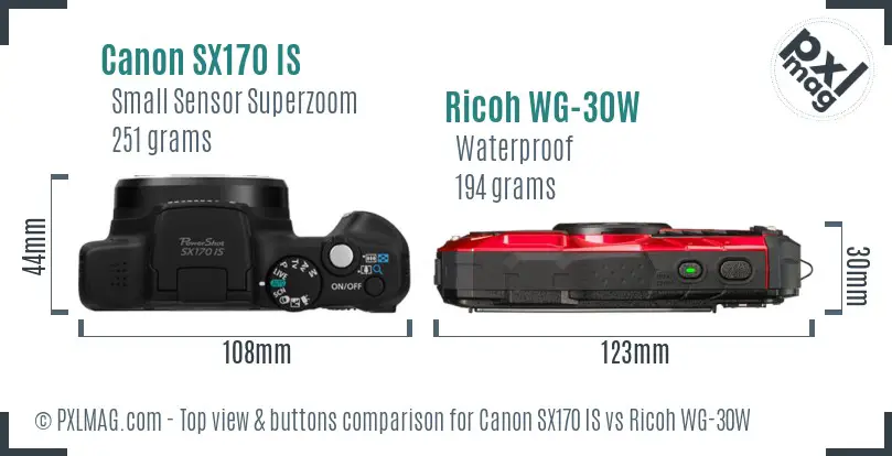 Canon SX170 IS vs Ricoh WG-30W top view buttons comparison Canon SX170 IS vs Ricoh WG-30W top view buttons comparison