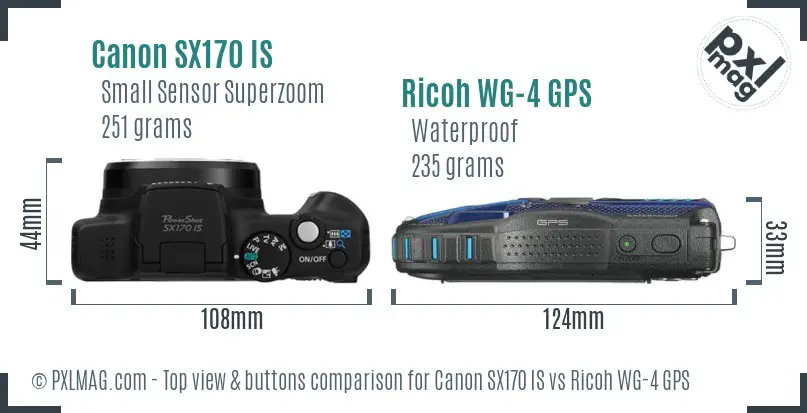 Canon SX170 IS vs Ricoh WG-4 GPS top view buttons comparison