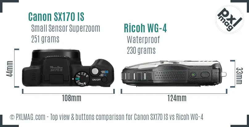 Canon SX170 IS vs Ricoh WG-4 top view buttons comparison Canon SX170 IS vs Ricoh WG-4 top view buttons comparison