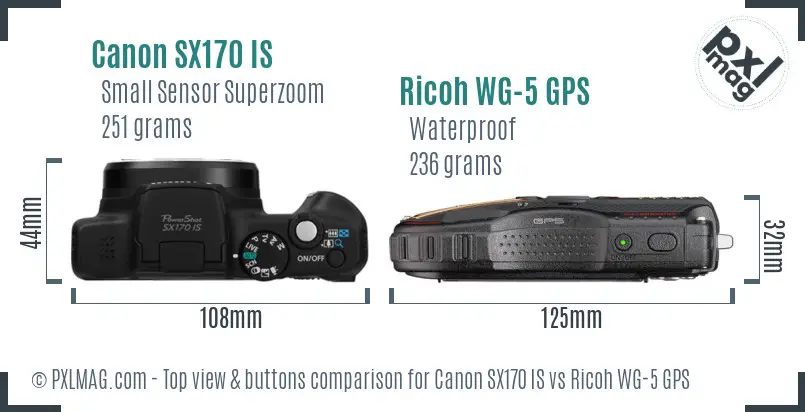 Canon SX170 IS vs Ricoh WG-5 GPS top view buttons comparison