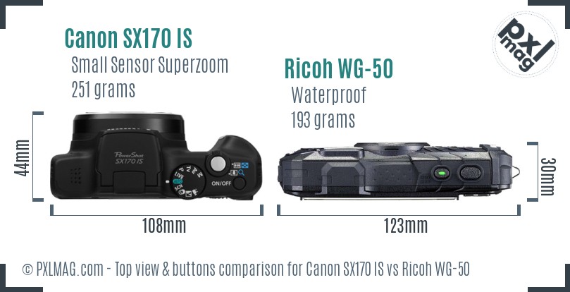 Canon SX170 IS vs Ricoh WG-50 top view buttons comparison