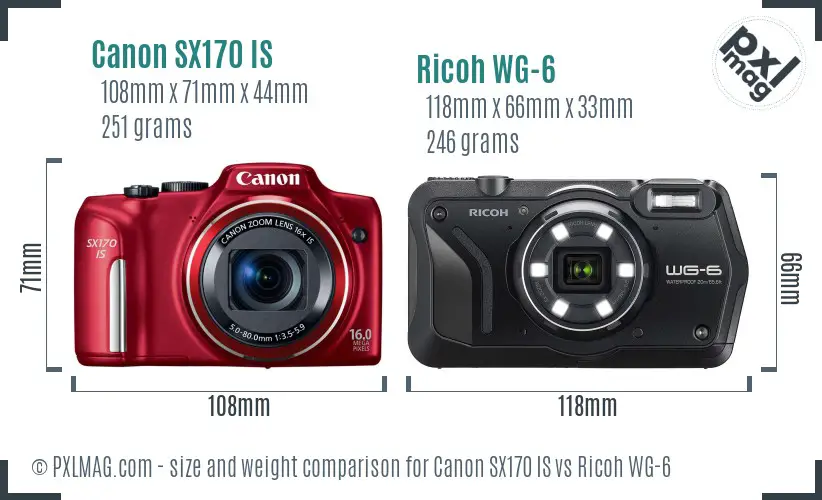 Canon SX170 IS vs Ricoh WG-6 size comparison