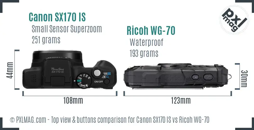 Canon SX170 IS vs Ricoh WG-70 top view buttons comparison
