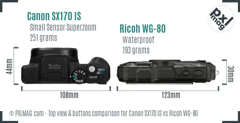 Canon SX170 IS vs Ricoh WG-80 top view buttons comparison Canon SX170 IS vs Ricoh WG-80 top view buttons comparison