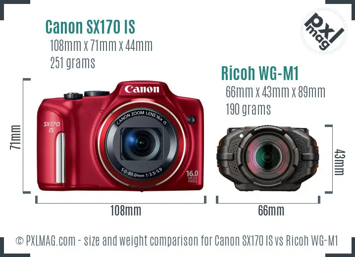 Canon SX170 IS vs Ricoh WG-M1 size comparison