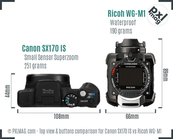 Canon SX170 IS vs Ricoh WG-M1 top view buttons comparison