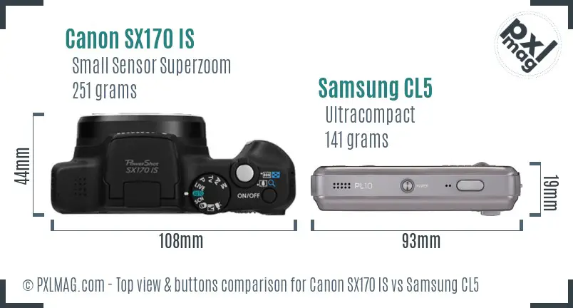 Canon SX170 IS vs Samsung CL5 top view buttons comparison