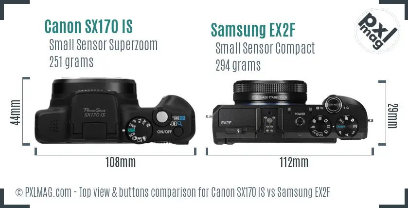 Canon SX170 IS vs Samsung EX2F top view buttons comparison