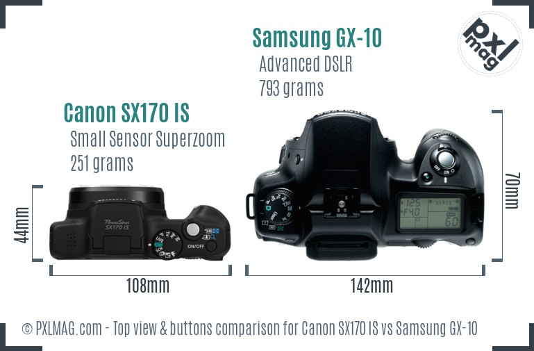 Canon SX170 IS vs Samsung GX-10 top view buttons comparison
