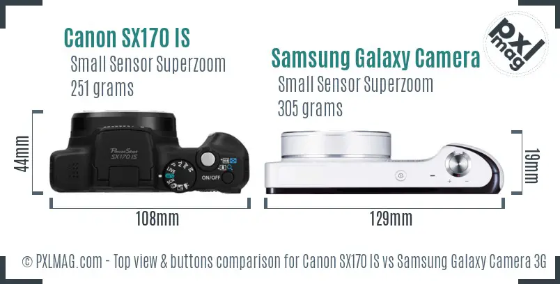 Canon SX170 IS vs Samsung Galaxy Camera 3G top view buttons comparison Canon SX170 IS vs Samsung Galaxy Camera 3G top view buttons comparison