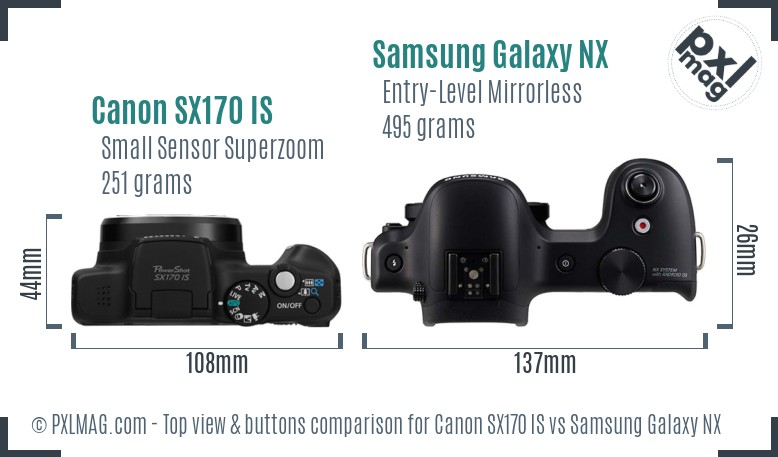 Canon SX170 IS vs Samsung Galaxy NX top view buttons comparison
