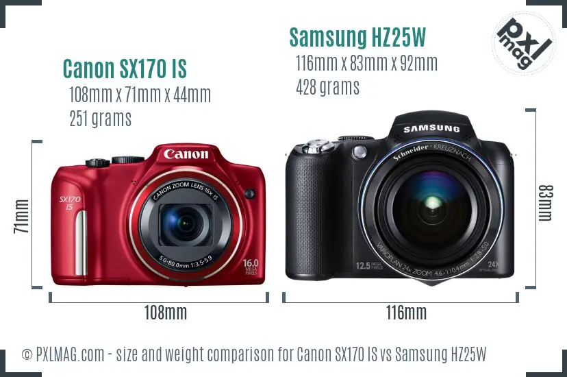 Canon SX170 IS vs Samsung HZ25W size comparison