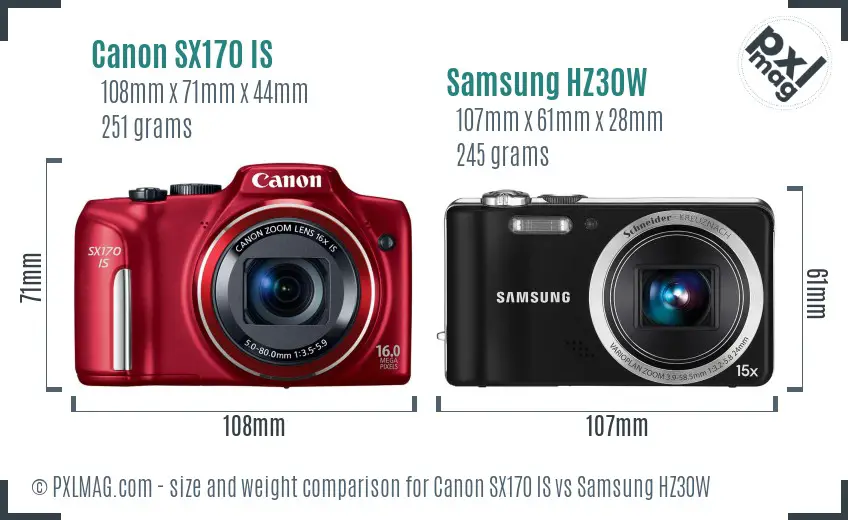 Canon SX170 IS vs Samsung HZ30W size comparison