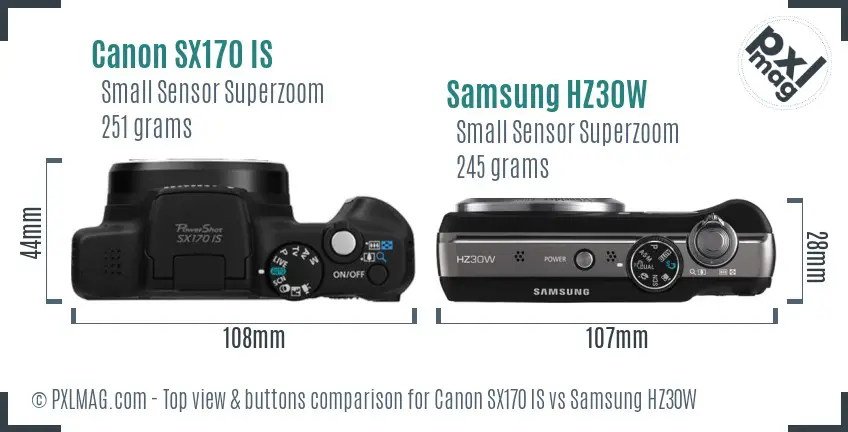 Canon SX170 IS vs Samsung HZ30W top view buttons comparison