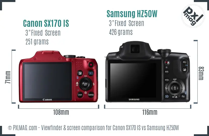 Canon SX170 IS vs Samsung HZ50W Screen and Viewfinder comparison