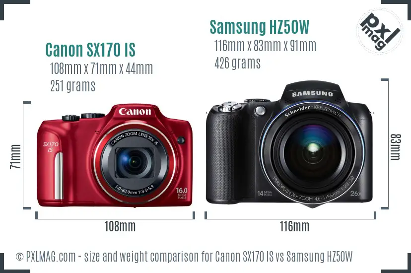 Canon SX170 IS vs Samsung HZ50W size comparison