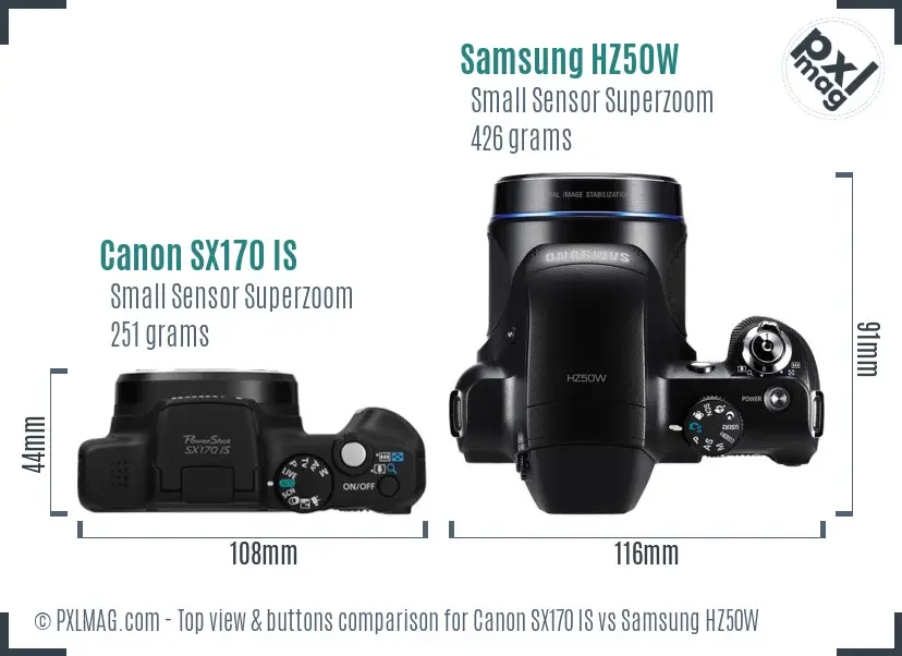 Canon SX170 IS vs Samsung HZ50W top view buttons comparison