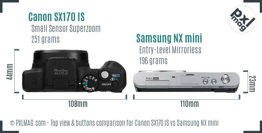 Canon SX170 IS vs Samsung NX mini top view buttons comparison