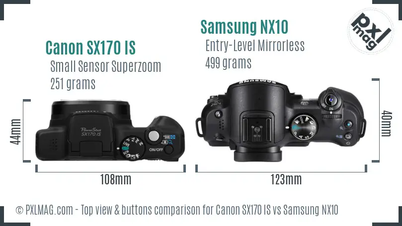 Canon SX170 IS vs Samsung NX10 top view buttons comparison