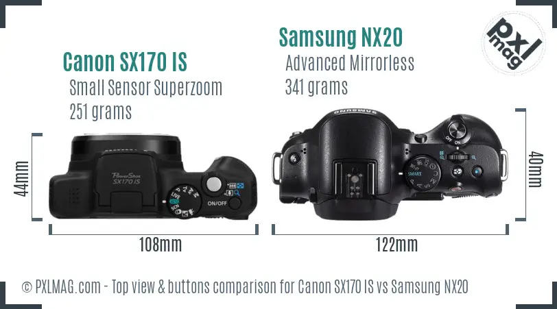 Canon SX170 IS vs Samsung NX20 top view buttons comparison Canon SX170 IS vs Samsung NX20 top view buttons comparison