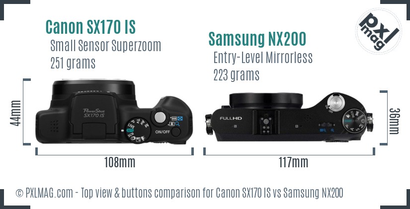 Canon SX170 IS vs Samsung NX200 top view buttons comparison
