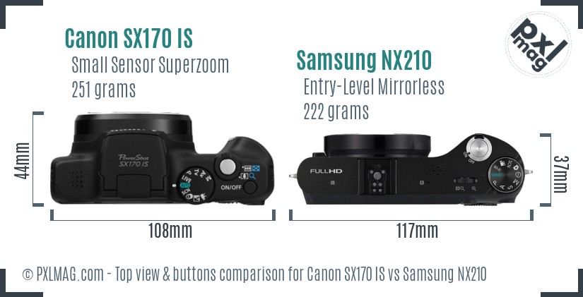 Canon SX170 IS vs Samsung NX210 top view buttons comparison