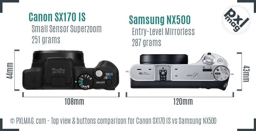 Canon SX170 IS vs Samsung NX500 top view buttons comparison