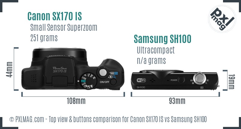 Canon SX170 IS vs Samsung SH100 top view buttons comparison